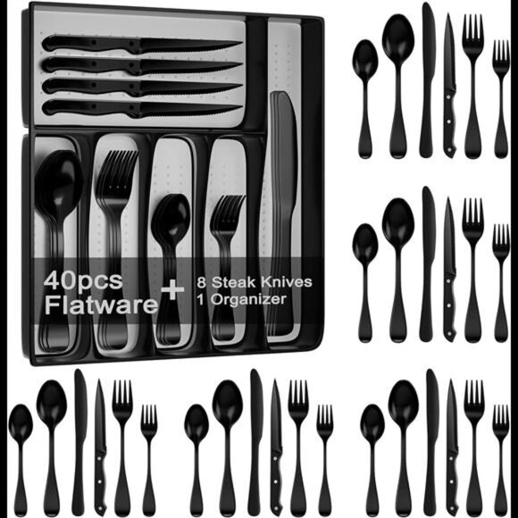 49-Piece Black Silverware Set with Drawer Organizer, Stainless Steel Cutlery - Picture 1 of 7